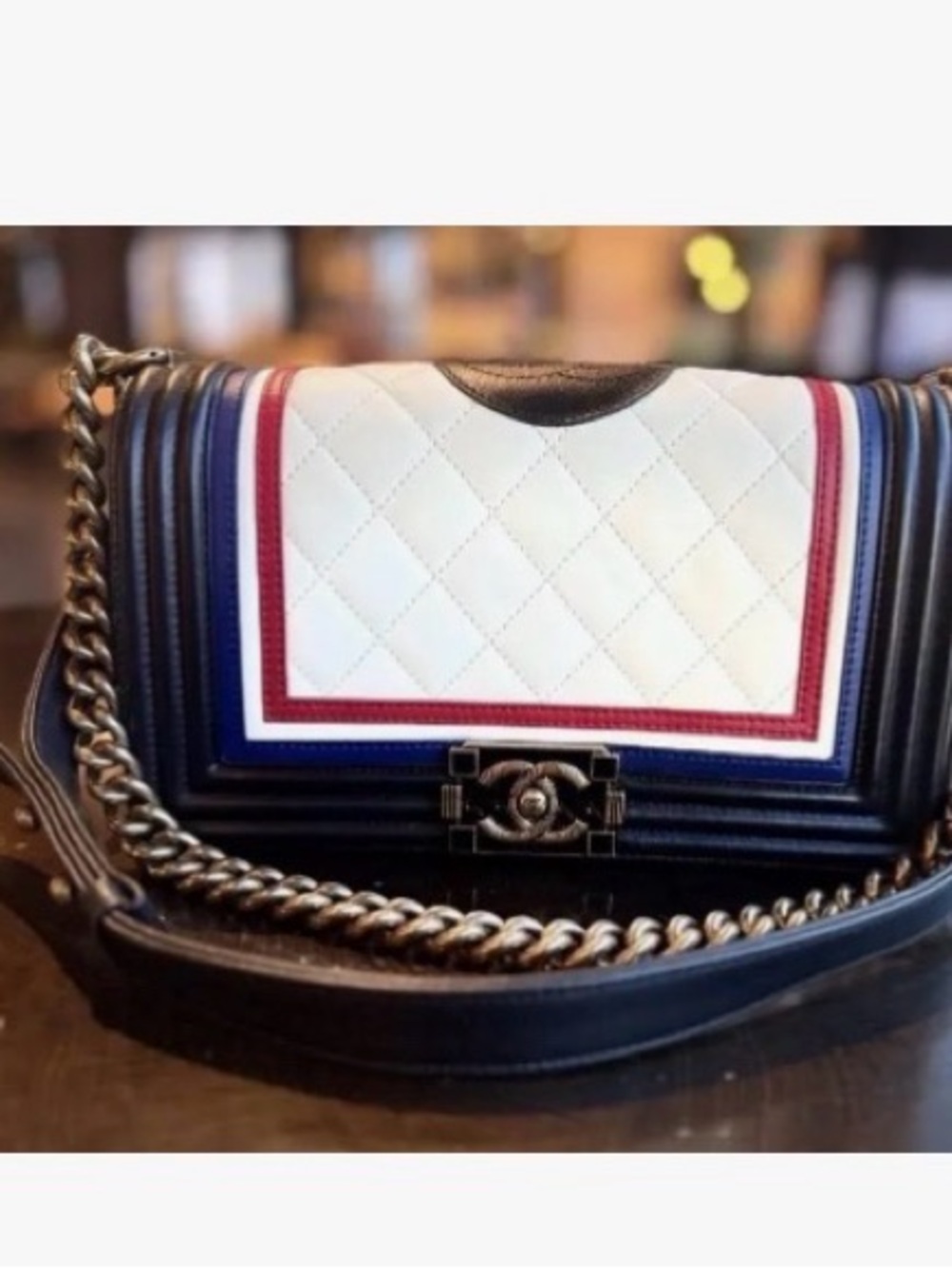 CHANEL Tricolor Quilted Boy Bag in White, Black, Red & Blue. Preloved! - Picture 2 of 2